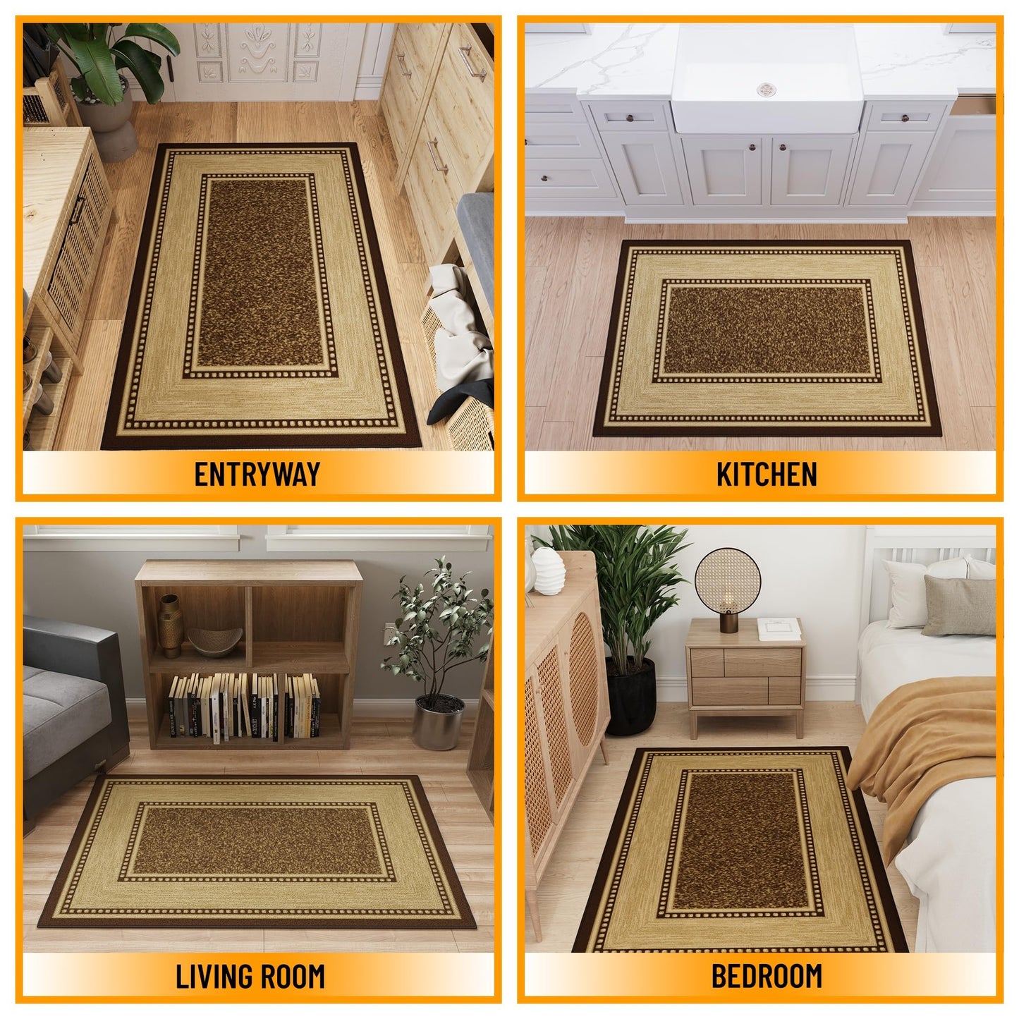 Ottomanson Area Rug 3'3" x 5' – Non Slip Rubber Backed Indoor Rug, Low Pile Accent Rug for Living Room, Bedroom, Entryway, Kitchen, Durable Floor Carpet, Border Brown