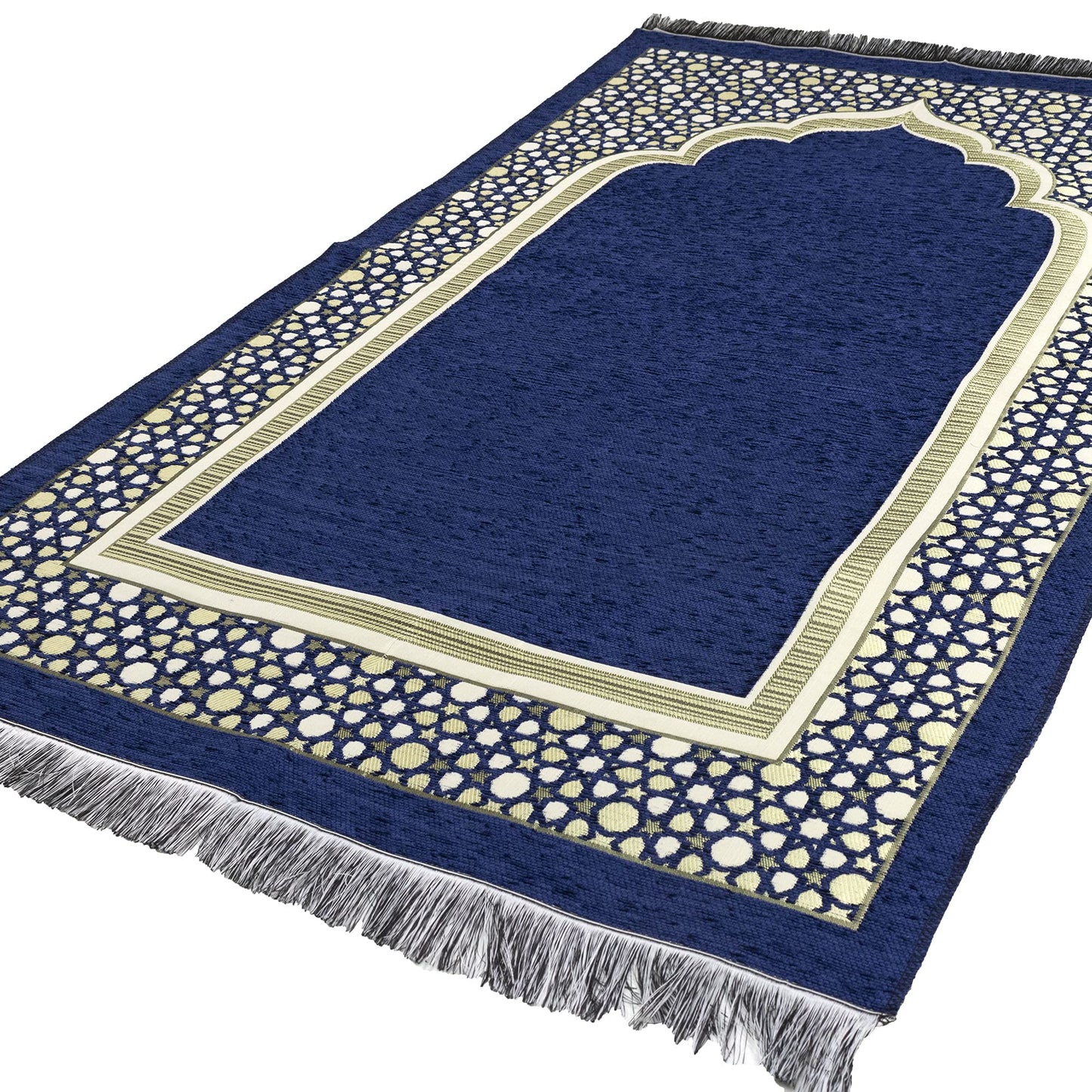 Modefa Turkish Islamic Prayer Mat - Thin Woven Chenille Sajjadah - Intricate Praying Rug Ramadan Eid Gift - Traditional Muslim Janamaz Sajada for Men Women - Geometric Selcuk Star (Royal Blue)