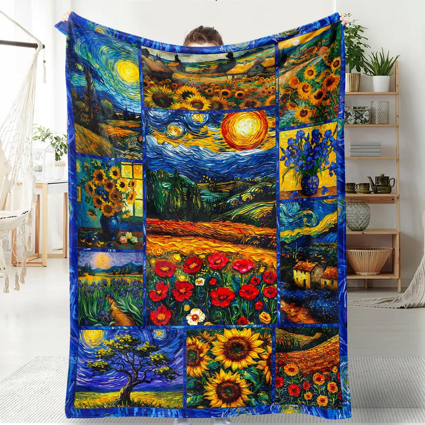 Homithley Oil Painting Collection Throw Blanket Van Gogh Art Patchwork Abstract Starry Night Sunflower Soft Flannel Blanket for Bedding Sofa and Travel Camping 50" × 60"