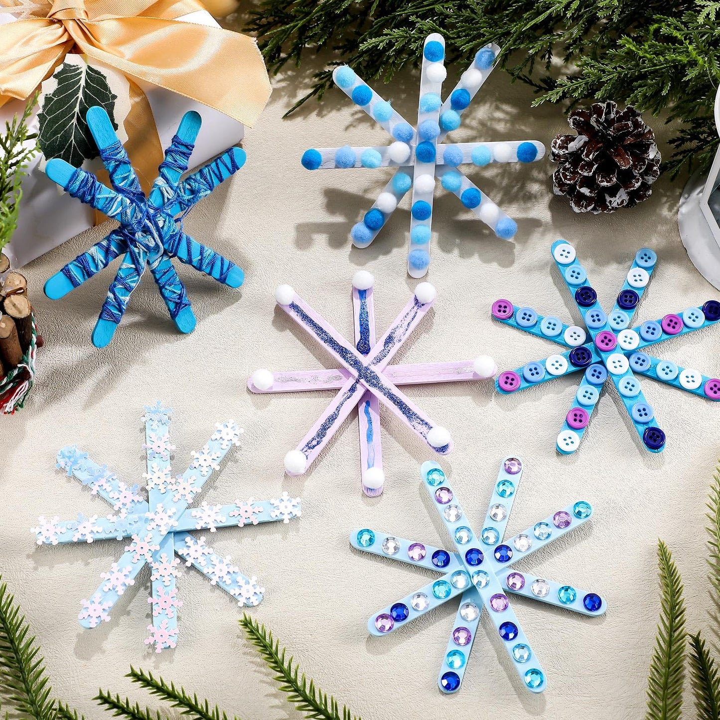 Jetec 25 Set Christmas Snowflake Craft Kit for Kids 6 Styles Christmas Ornament Make Your Own Snowflake with Pom Poms, Glitter Pens, Sequins, Diamond Sticker, Buttons, Cotton Thread for Xmas Tree