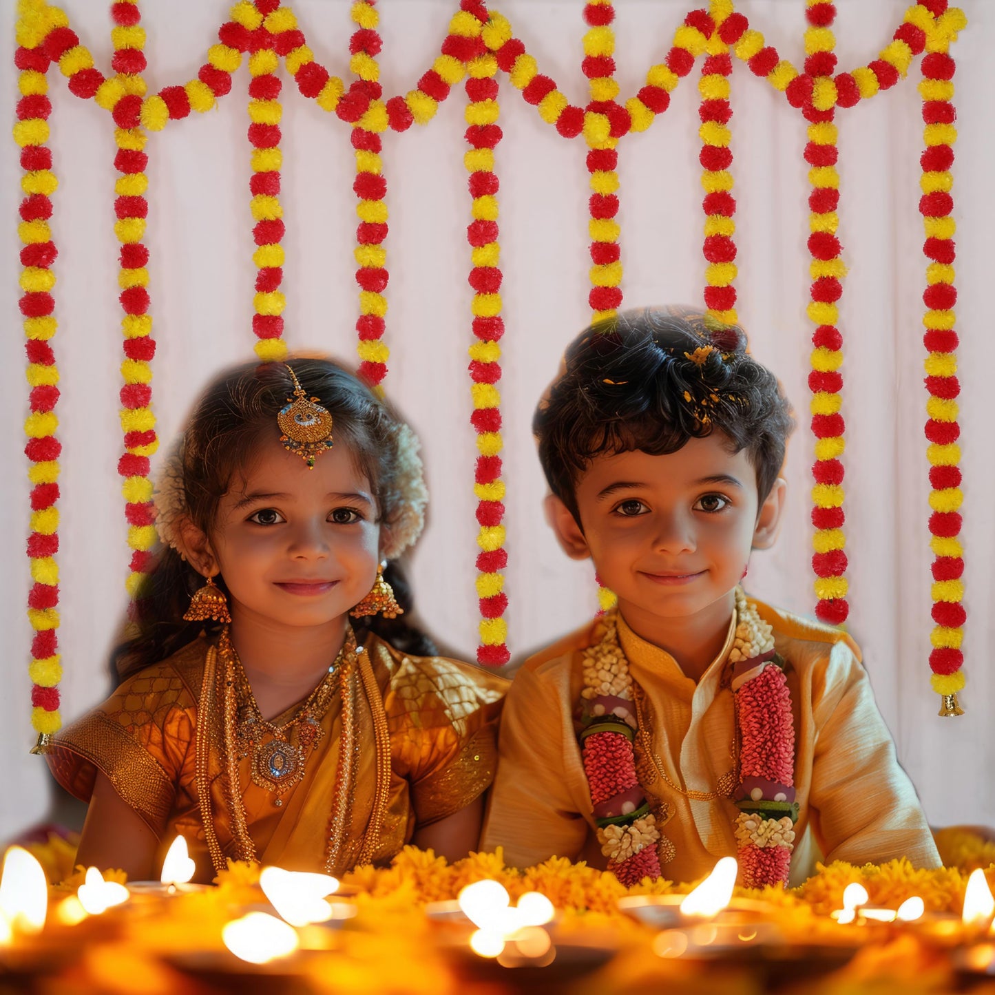 Marubhumi 5-PC Artificial Marigold Flower Garland – 4.5 Feet Long Strands with Bells | Yellow & Red | Diwali, Wedding, Home & Christmas Décor