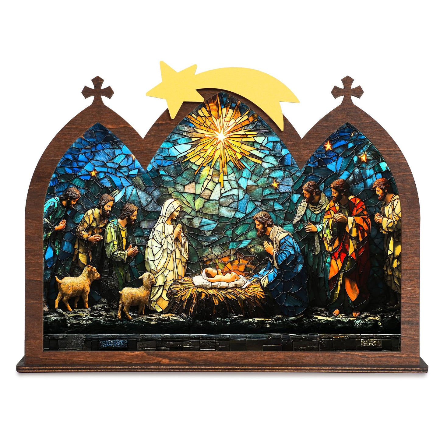 DINIZON Wooden Nativity Set, Wood Christmas Nativity Scene Set, Miniature Holy Family Figurines, Table Top Boho Christmas Jesus Decorations for Indoor Mantel Display, Miracle In A Manger Gift (Candle Holder)