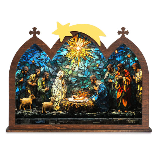 DINIZON Wooden Nativity Set, Wood Christmas Nativity Scene Set, Miniature Holy Family Figurines, Table Top Boho Christmas Jesus Decorations for Indoor Mantel Display, Miracle In A Manger Gift (Candle Holder)