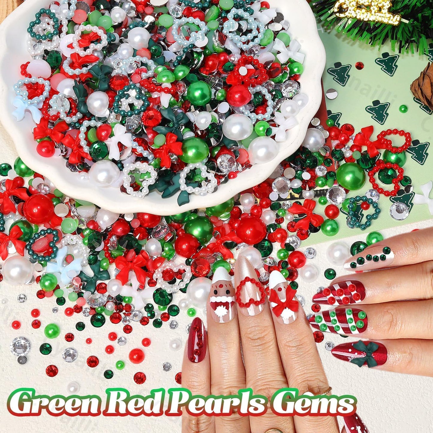 Christmas Red Green Mixed Flatback Rhinestones & Pearls, Pearl and Rhinestones for Crafting, Pearls Heart Bows Nail Charms for Christmas Craft DIY Ornaments, Tumbler Cups, Nail Art and Gift Making