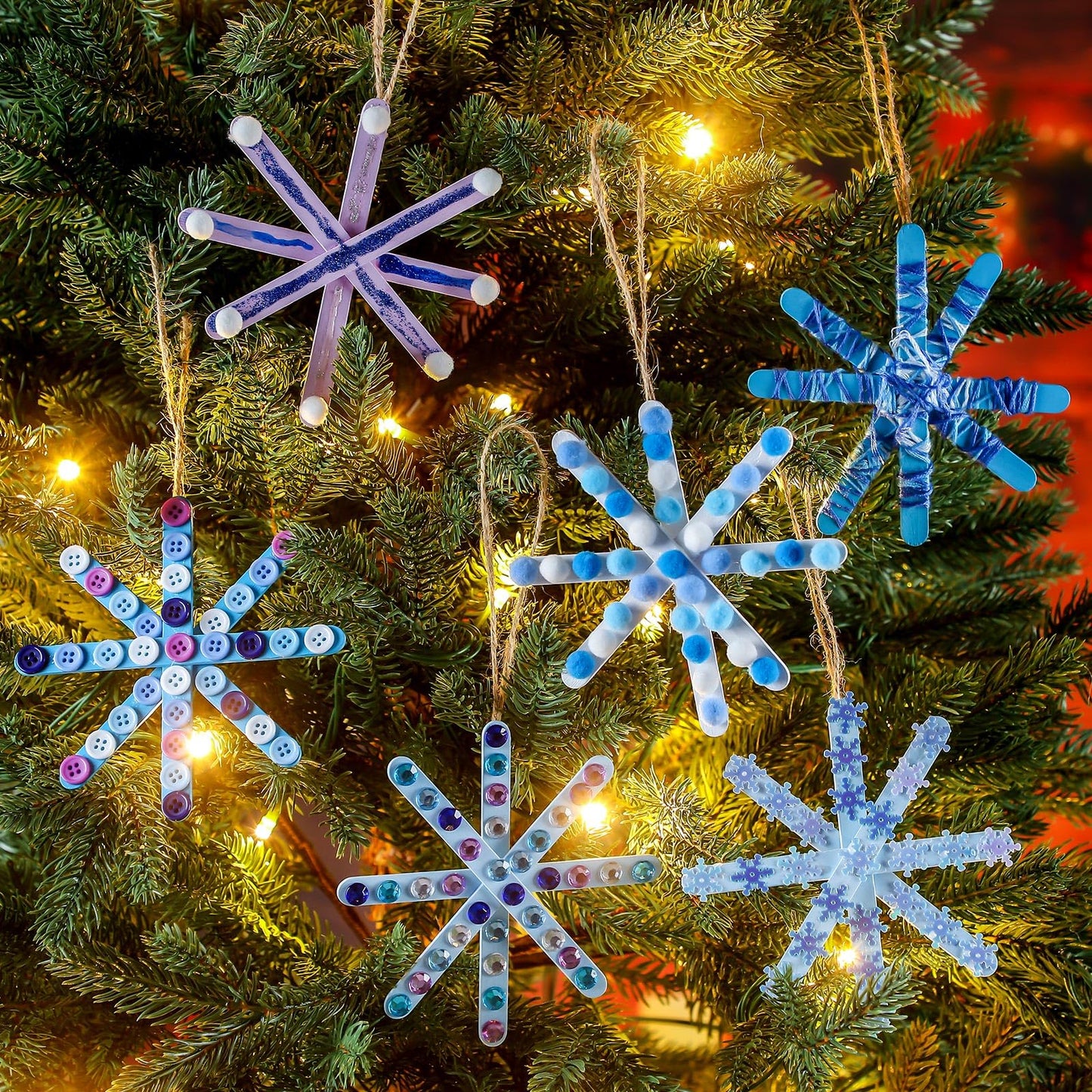 Jetec 25 Set Christmas Snowflake Craft Kit for Kids 6 Styles Christmas Ornament Make Your Own Snowflake with Pom Poms, Glitter Pens, Sequins, Diamond Sticker, Buttons, Cotton Thread for Xmas Tree