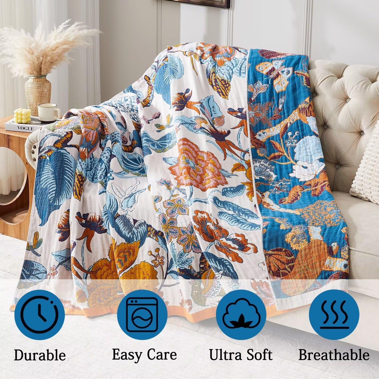 HBNDIL Boho Blanket Soft Muslin BohoThrow Blanket, 100% Cotton Floral Printed Farmhouse Decor All Season Reversible Rustic Throw for Sofa Couch Chair (Beige, 50"x60")