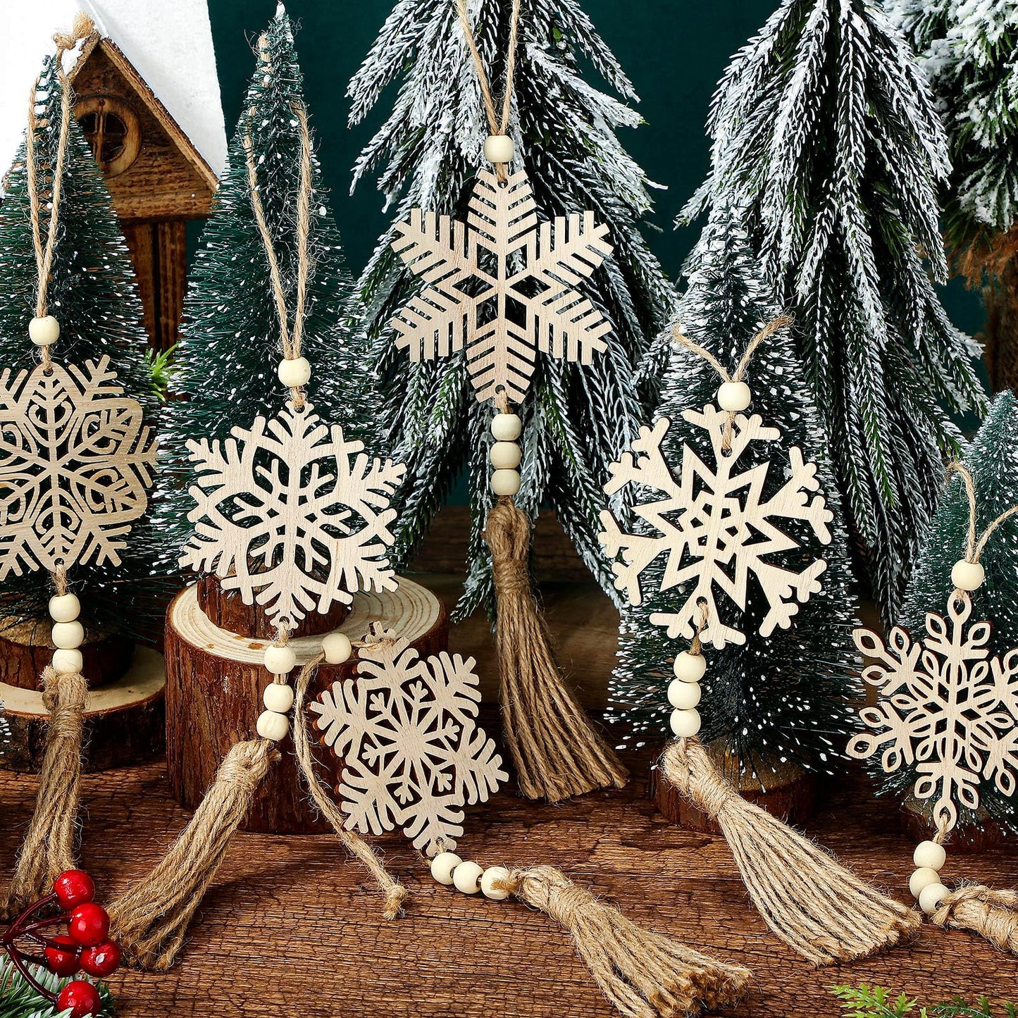 Barydat 18 Pcs Boho Christmas Snowflakes Ornaments Beads with Rope Wooden Tree Hanging Decorations Christmas Tree Hanging Ornament Wood Hanging Cutout for DIY Rustic Decor Crafts, 6 Style