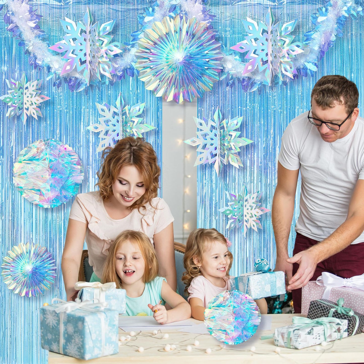 Soulchen 14 Pcs Winter Wonderland Snowflake Party Decorations Baby Shower Party Ornament with 6ft Backdrop Snowflake Hanging Honeycomb Fan and Garland for Baby Its Cold Outside Decor