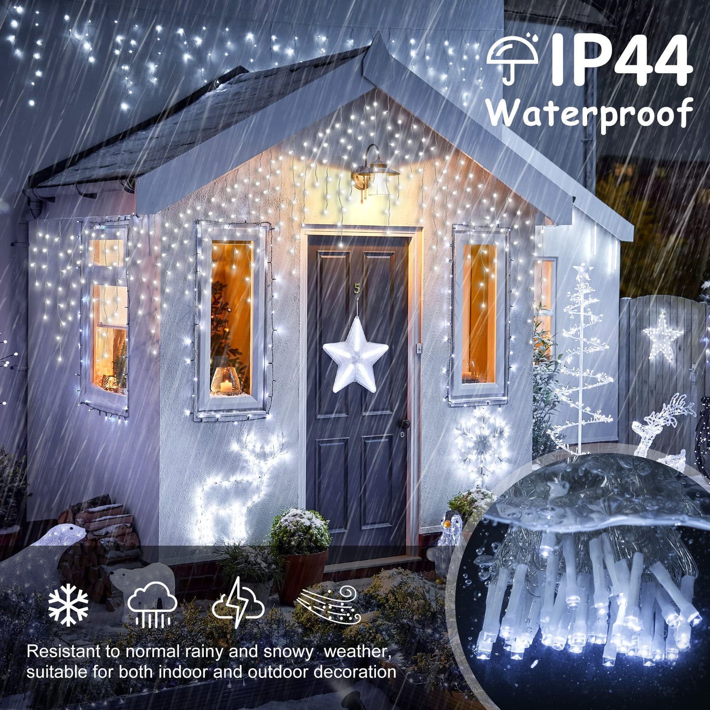 oopswow Icicle Lights Outdoor Decorations 300 LED 33ft 8 Modes Curtain Fairy String Light with 50 Drops, LED String Light Indoor for Wedding Party Holiday Christmas Decorations,White