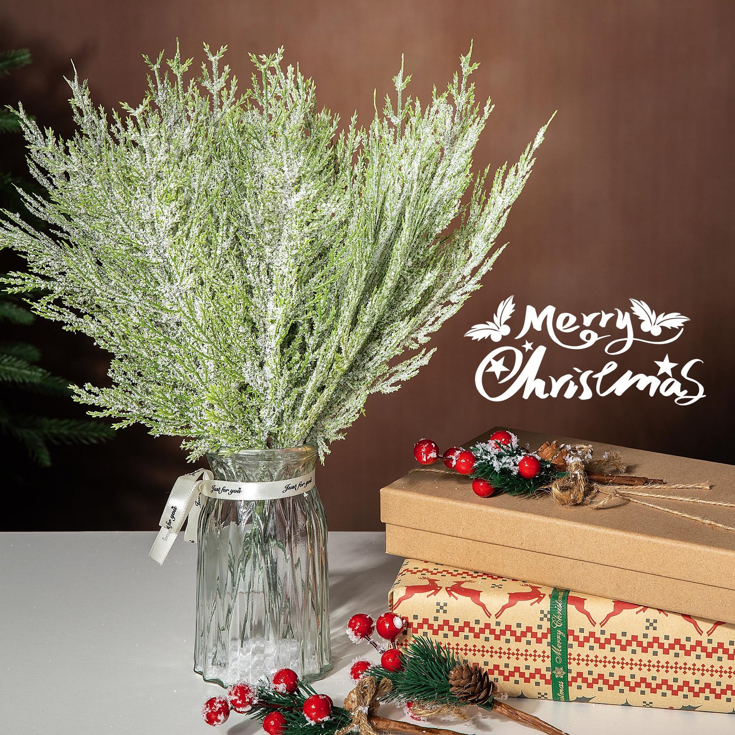 Alpurple 30 Pcs Christmas Snow Frosted Pine Branches- 13.5" Snowy Artificial Pine Needles Branches Twigs- Greenery Ceder Sprigs Pine Picks Stems for Christmas Wreath Home Garden Decoration