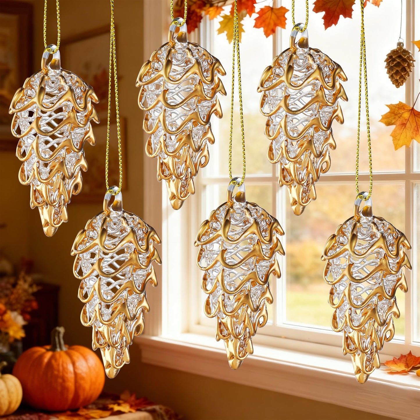 Spun Glass Pine Cone Christmas Ornaments for Tree, Crystal Pinecone Ornament Bulk for Christmas Tree, 2025 Blown Glass Home Decor Xmas Gift, Set of 6 Winter Decor