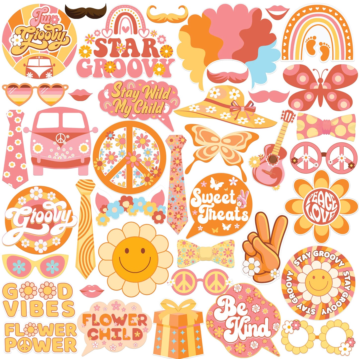 KatchOn Groovy Photo Booth Props - Pack of 40, 60s & Retro Props for Two, Hippie Party Decorations