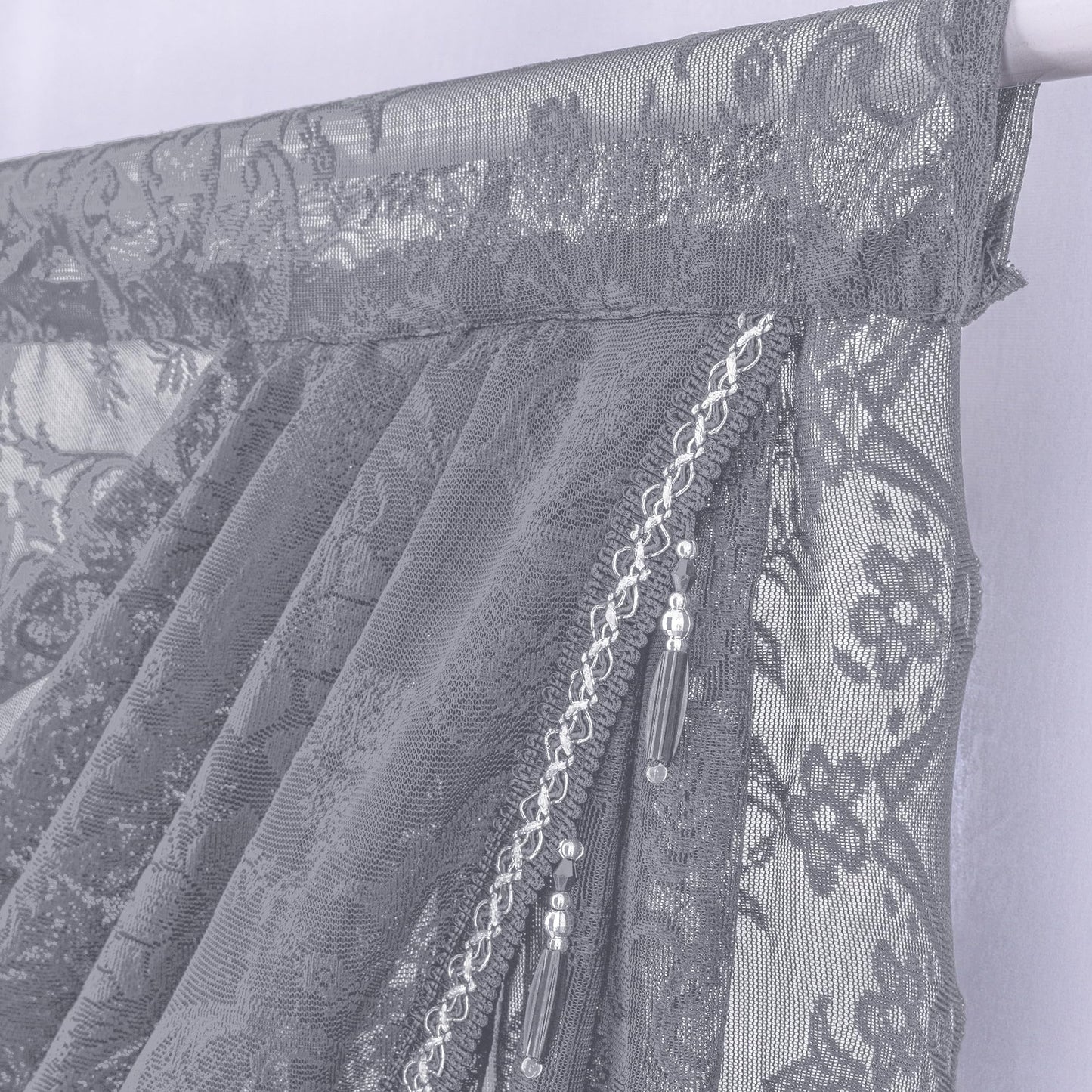 Huierxun Elegant Lace Waterfall Window Valance with Bead Tassels Floral Embroidered Valance Curtains Semi Sheer Rod Pocket Valance/Swags for Bedroom/Living Room/Kitchen/Basement (Grey,39"x41")