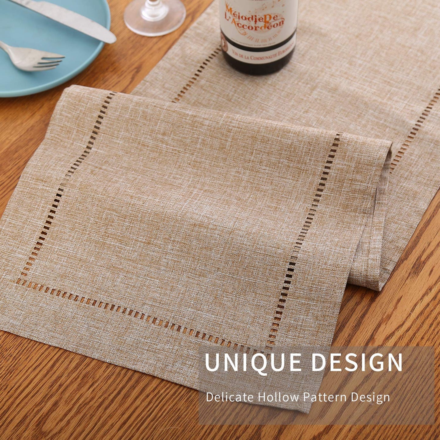 Tosewever Decorative Linen Table Runner Farmhouse Style Tabletop Collection 14 x 108 Inches Table Runners for Everyday Dining Wedding Party Holiday Home Decor (14" x 108", Light Coffee/Straight)