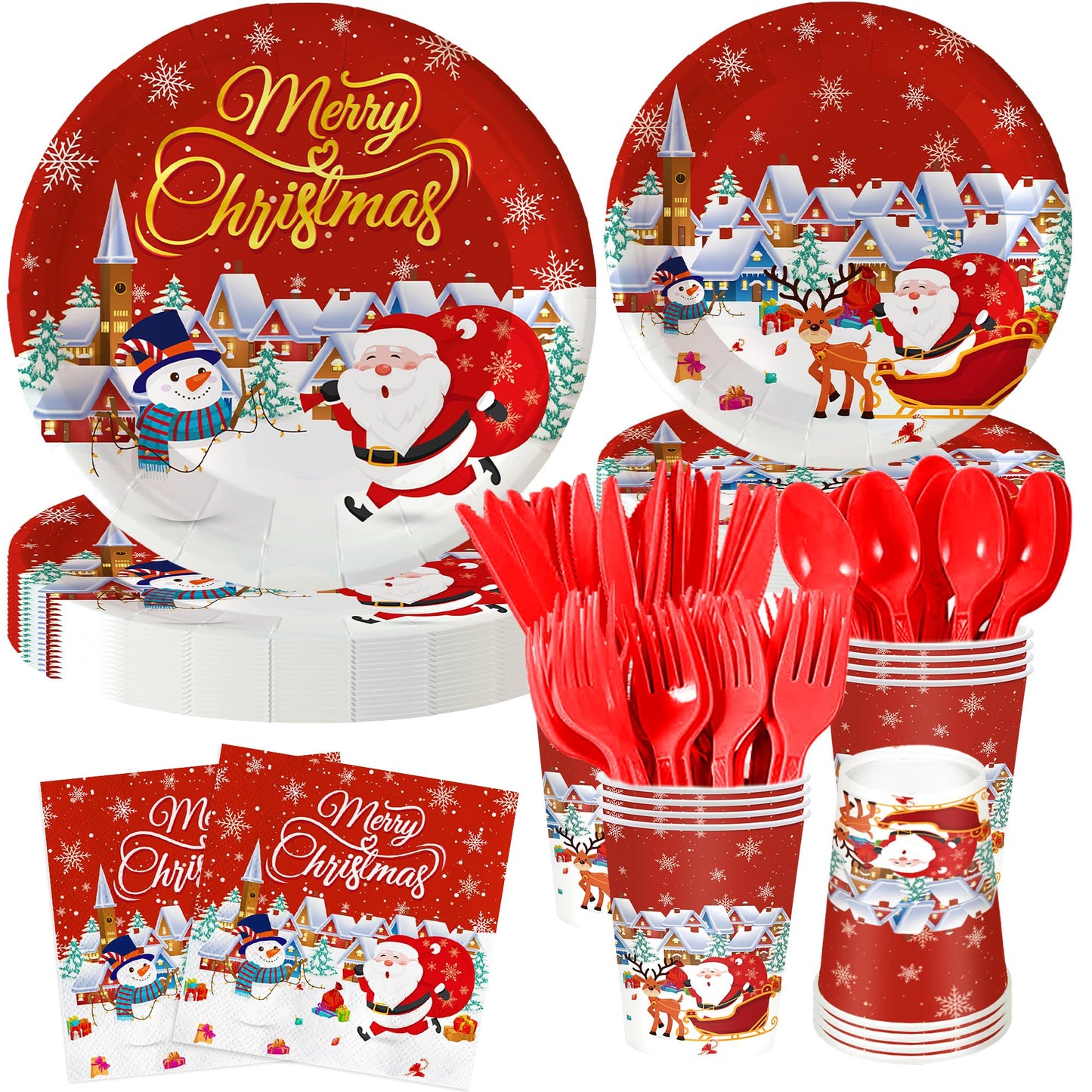 Nisdfeal168 Pcs Premium Christmas Party Tableware Set Santa & Snowman Themed Disposable Plates, Napkins, Cups, Cutlery for 24 Guests | Holiday Dinnerware for Festive Gatherings