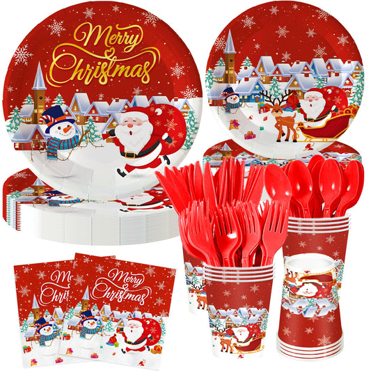 Nisdfeal168 Pcs Premium Christmas Party Tableware Set Santa & Snowman Themed Disposable Plates, Napkins, Cups, Cutlery for 24 Guests | Holiday Dinnerware for Festive Gatherings