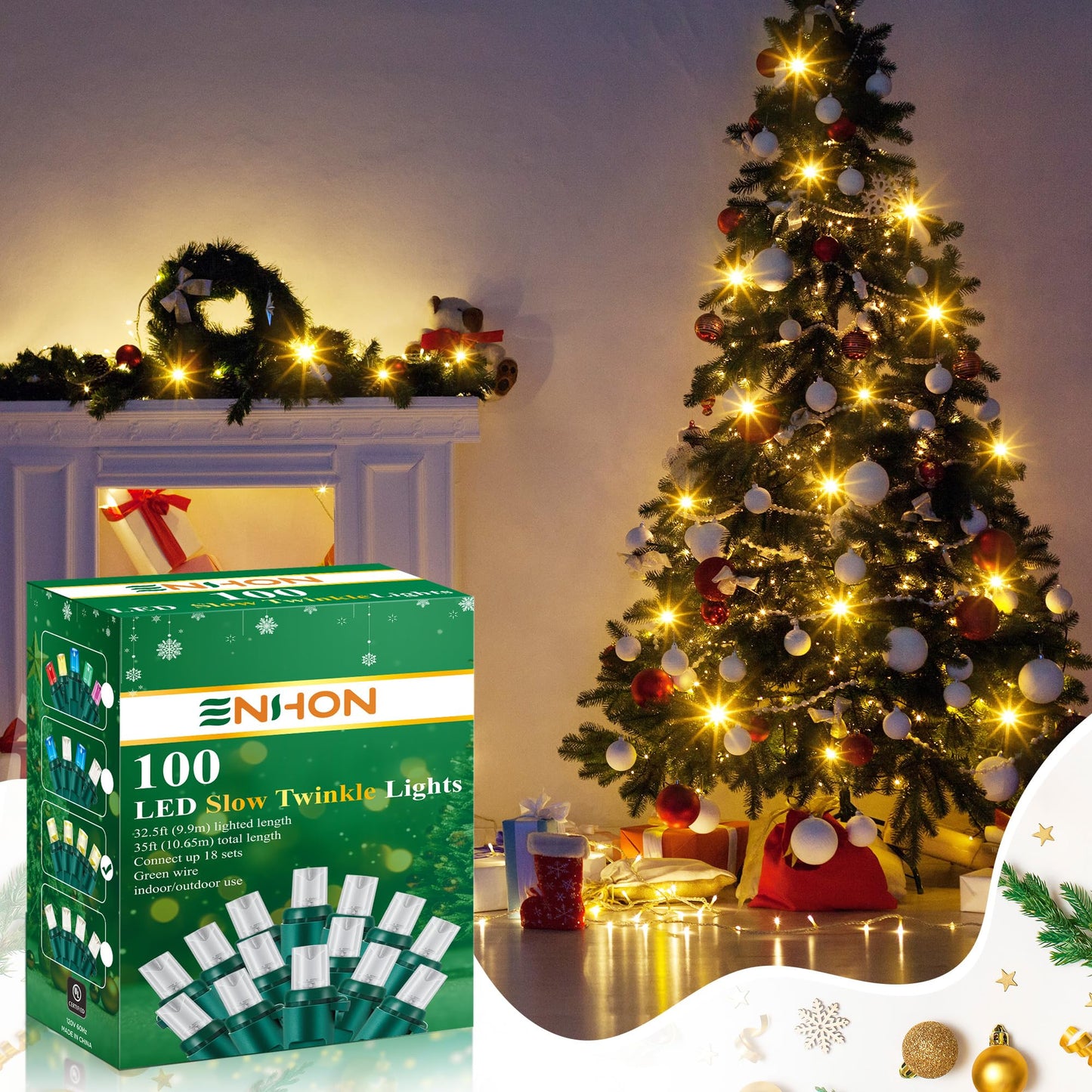 Enhon Slow Twinkling Christmas Light, 100 Lights 35 Ft Twinkle Pulsing Christmas, 5mm LED Wide Angle Soft Random Shimmering Set with Green Wire(Warm White,1 Pack)