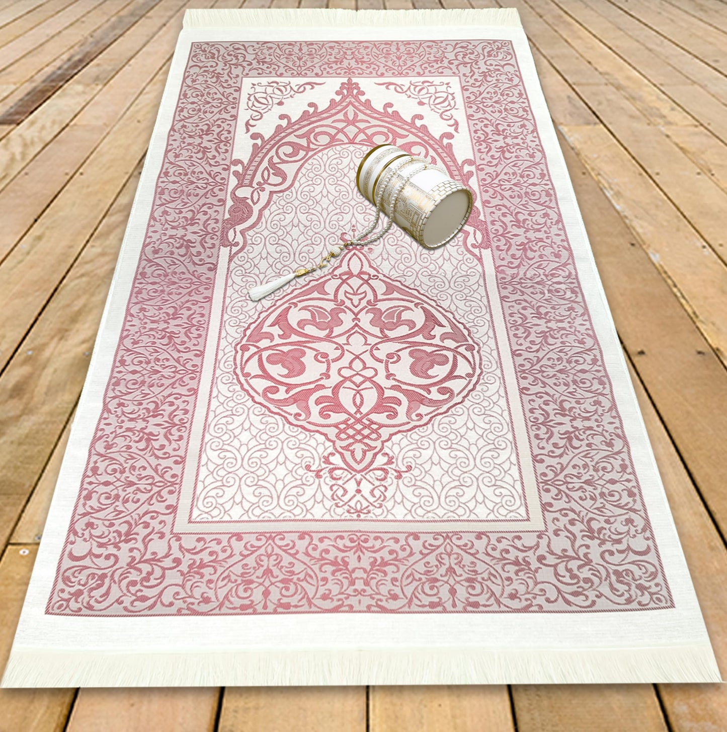 Kapobia Muslim Prayer Rug Islam and Beads, Kaabe Design Box Eid Ramadan Gifts Islamic Set Carnal Salah Mat Taffeta Fabric Black Soft Prayer Mats Men and Women (Pink)
