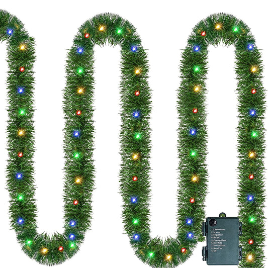 Nerosun 14.8 FT Artificial Christmas Garland, 50 Pre-Lit LED Mini String Lights Battery Operated Xmas Garland for Home Stair Railing Indoor Wedding Party Christmas Ornament Decorations (Multi-Colored)