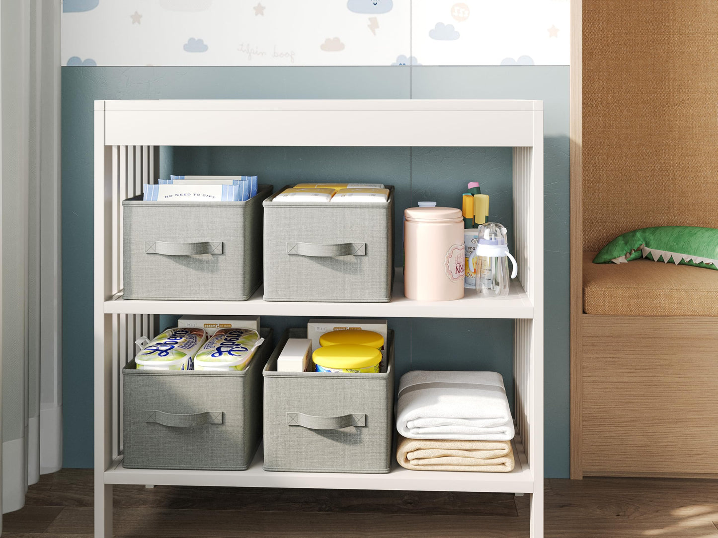 LayerSpace 3 Pack Fabric Storage Bins for Shelves | 14.75x10.25x8.25 in Storage Baskets | Fabric Closet Organizers with Handles Home Organization | Linen Clothes Storage Bins | Light Gray