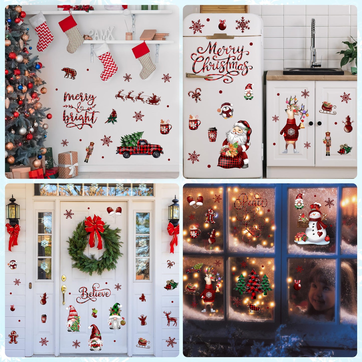 Christmas Wall Stickers Decoration 12 Sheets, Buffalo Plaid Christmas Wall Decals Holiday Letter Trees Decor, Winter Snowflake Vinyl Stickers for Living Room Bedroom Home Office