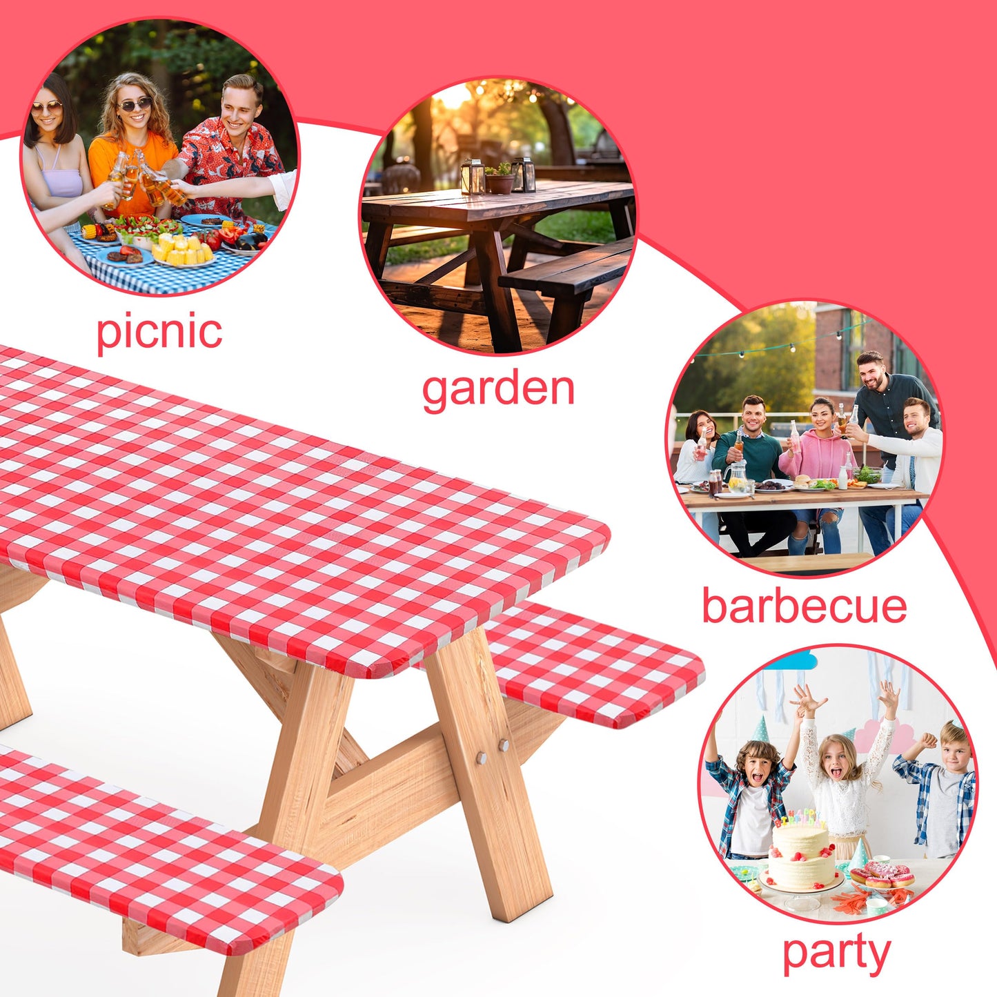 BOUBONI 3 Pcs Set Fitted Picnic Table Cover with Bench Covers Vinyl Camping Table Cloth Flannel Backing for 6ft Tables Camping Outdoor (Red Checked, 30 x 72 Inches)