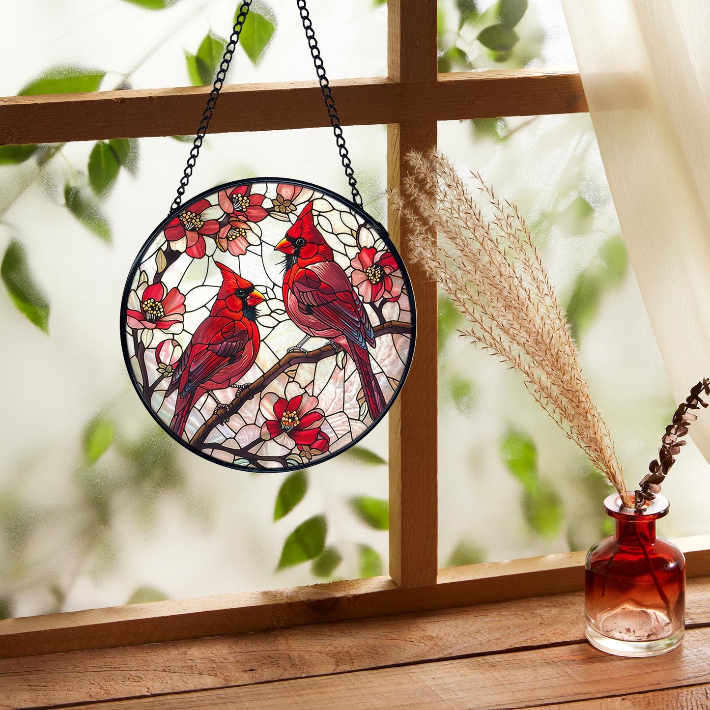 FUGWN Cardinal Bird Stained Glass Window Hanging, Red Cardinal Flower Sun Catchers Indoor Window Round Glass Wall Art Decor, Bird Suncatcher Wall Hanging Decorations, Gardening & Lawn Care