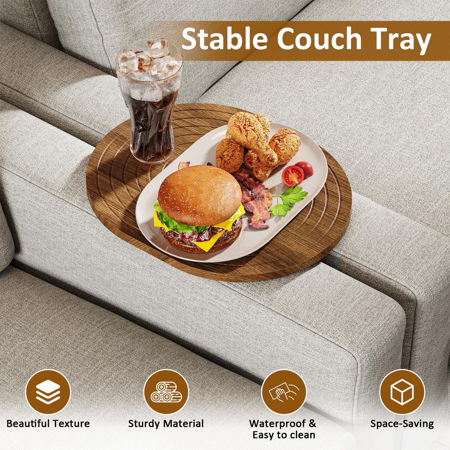 Asgolion Couch Tray Insert for Middle, 15.75"x12.6" Wood Sofa Tray, Folding Couch Armrest Table Fit Armless Couch/Sectional, for Drink Snacks Phone Remote Holder, Walnut