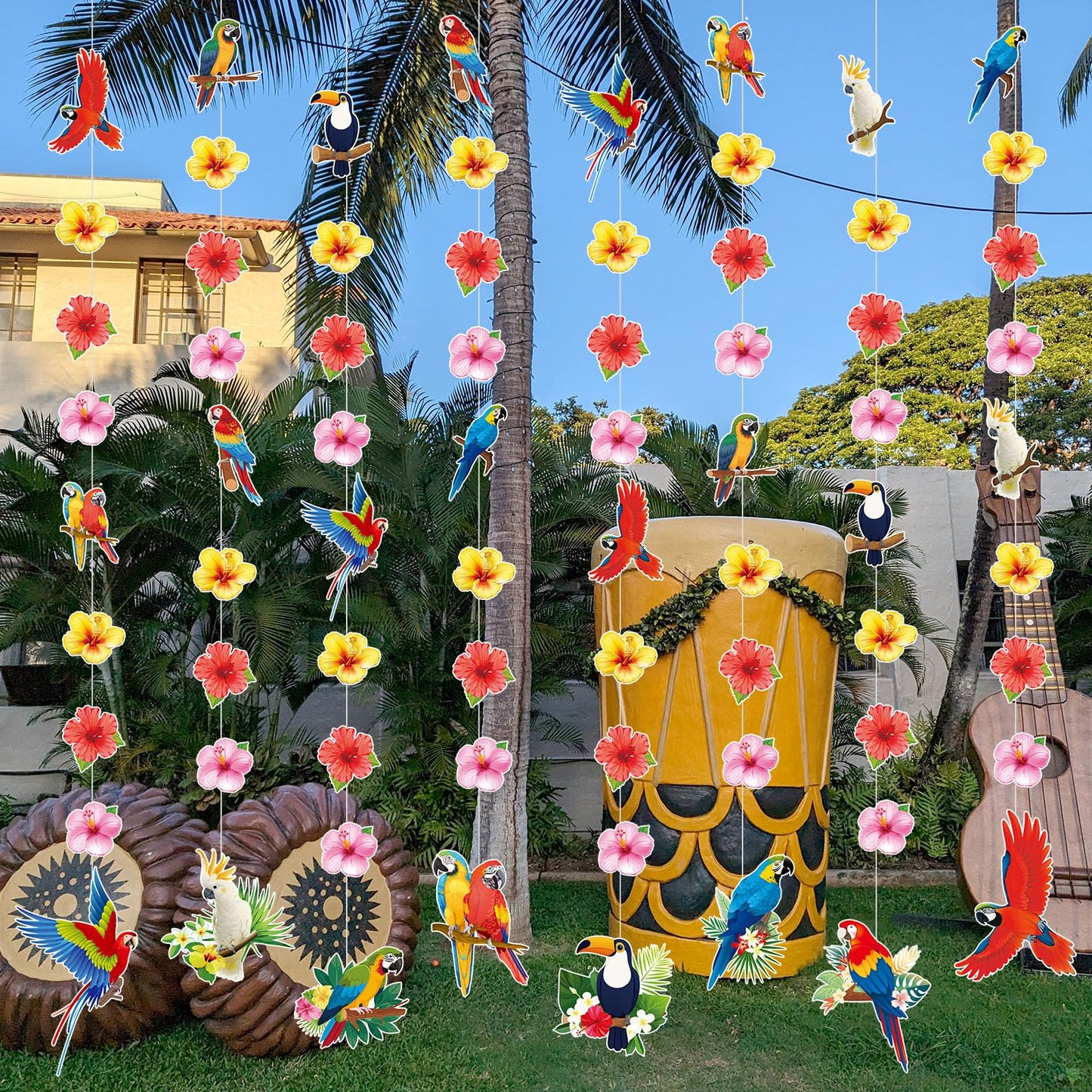 Tiamon 8 Pcs Tropical Bird Decorations Tropical Hawaiian Party Hanging Banner Hawaii Parrot Flower Hanging Garland Summer Luau Party Paper Banner for Pool Tiki Bar Birthday Supplies