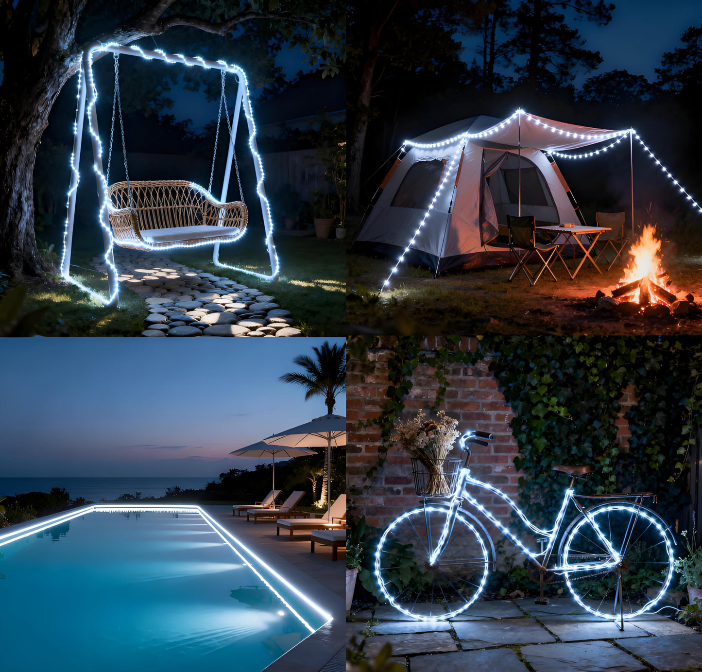 KUshopfast Solar Rope Lights Outdoor Waterproof, 66 Feet 200 LED 8 Modes Fairy Lights String Light, Cool White Tube Light with Solar Panel for Outside Garden Yard Patio Decoration