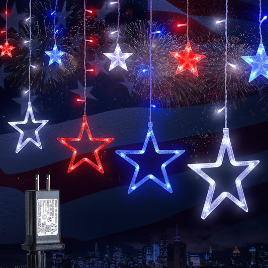 MYGOTO 4th of July Patriotic Star Icicle Lights,8.2ft 126LED red White and Blue Curtain String Waterproof, 8 Modes with Timer Connectable Independence Day Decorations Window Lights for Outdoor Indoor