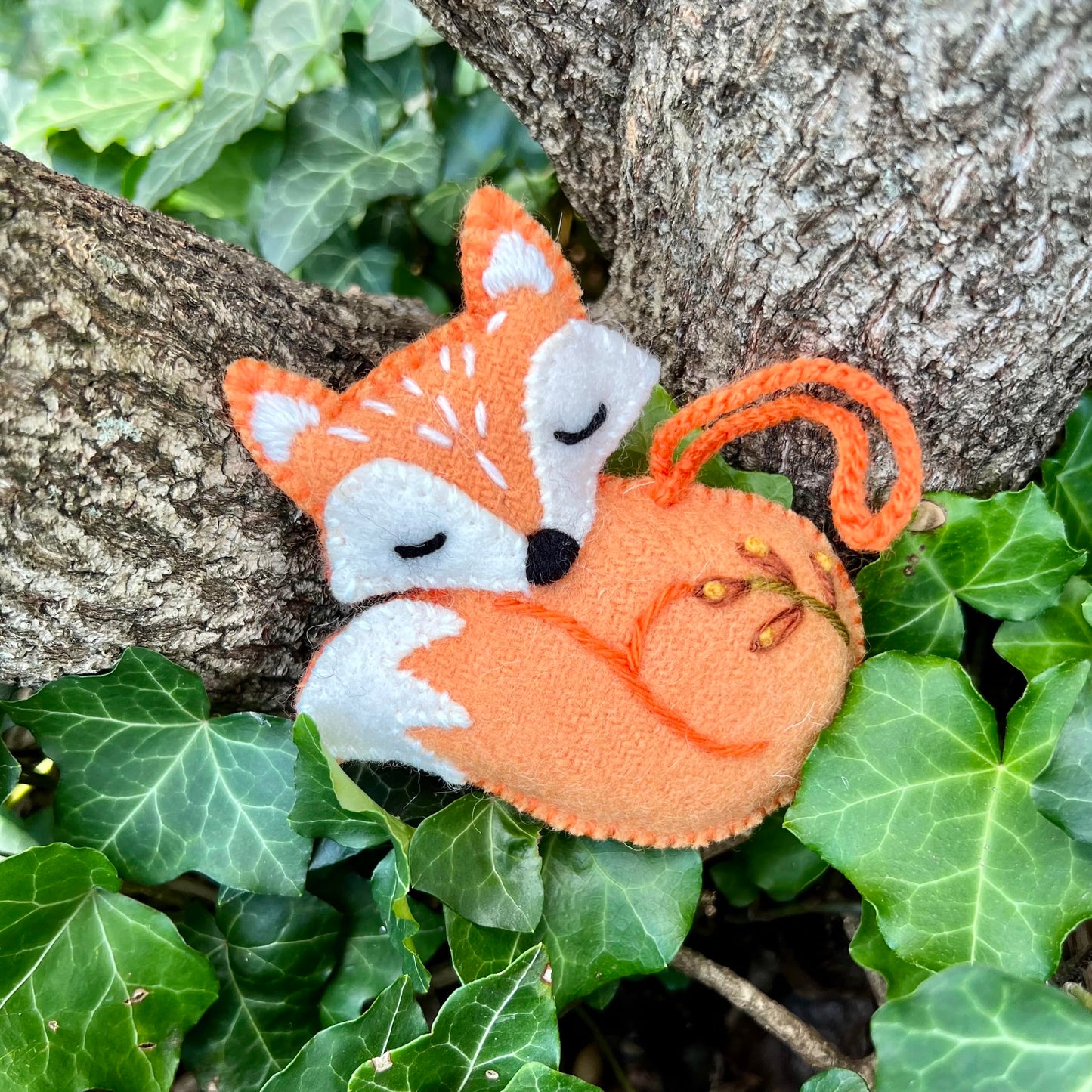 Sleeping Fox Christmas Ornament Handmade Embroidered Felt