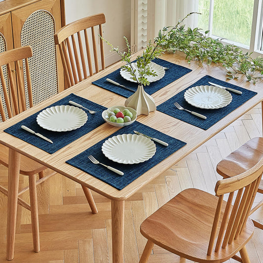 Softalker Faux Linen Placemats Set of 4-12 x 18 Inch, Heat Resistant Double Layered Durable Burlap Farmhouse Place Mats, Non-Slip Washable Rustic Table Mats for Dining, Kitchen, Party（Navy Blue