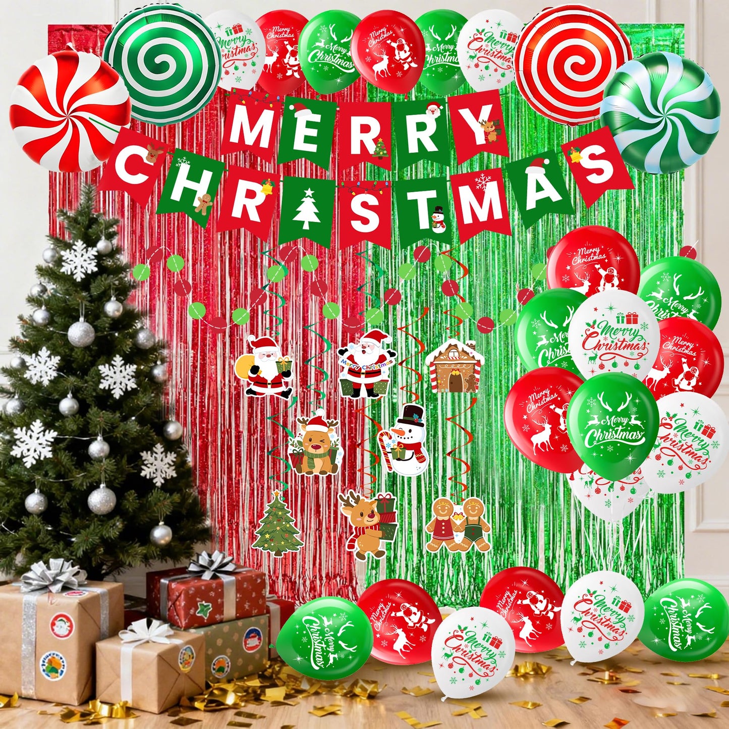 Christmas Party Supplies Decorations Set, Merry Christmas Banner, Foil Balloons, Hanging Swirls, Red and Green Metallic Fringe Curtains, Circle Dots Garland