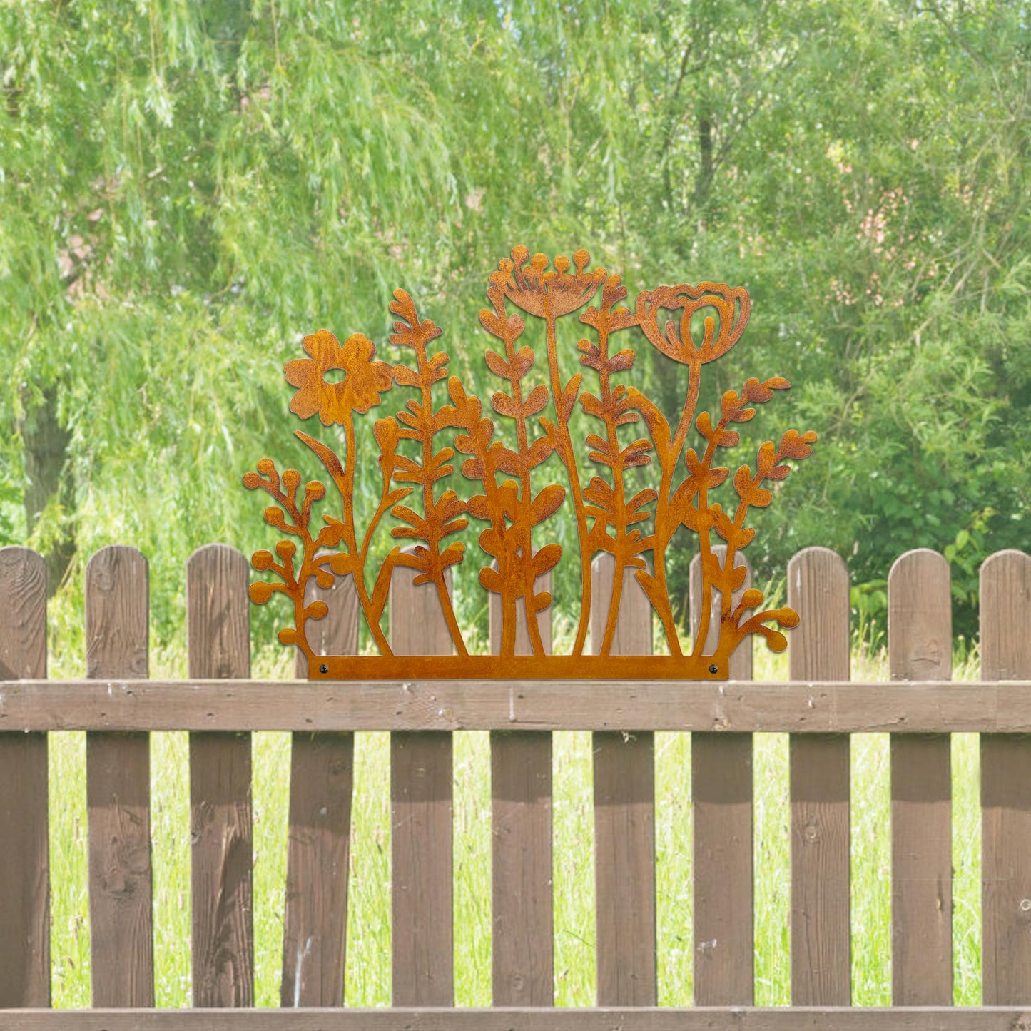 Metal Wild Flowers Stakes 14.4 * 14.0 inches, Metal Flowers Yard Art, Decorative Garden Stakes, Fence Topper Decor, Lawn Art Decor Plants Yard Decorations for Outdoor with Rusty Paint Process