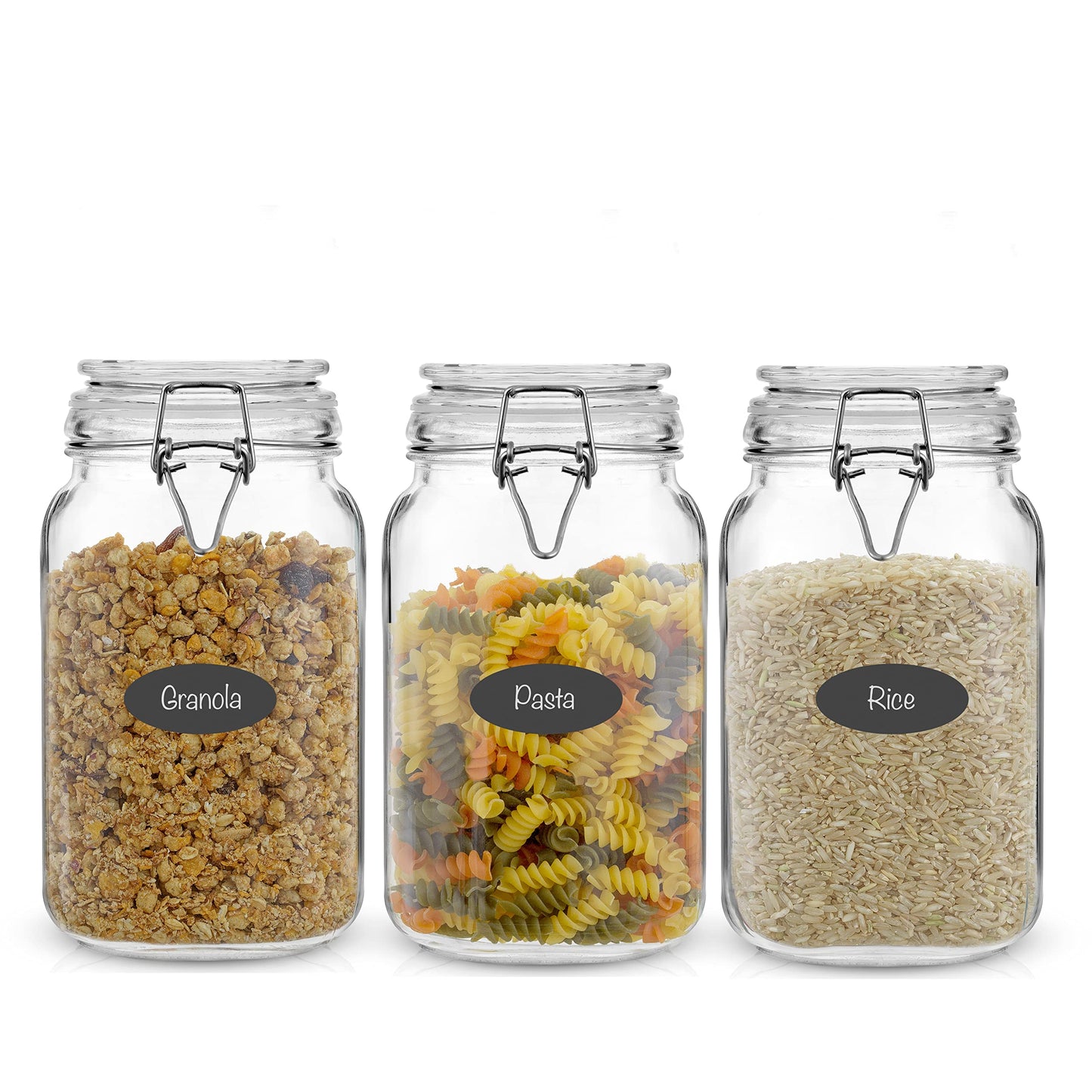 JoyJolt Airtight Glass Jars with Lids Set of 3. 50oz Glass Jar with Lid and 6 Silicone Seals! Med Glass Food Storage Containers. Square Mason Jar, Flour Jar, Candy or Cookie Jars for Kitchen Counter
