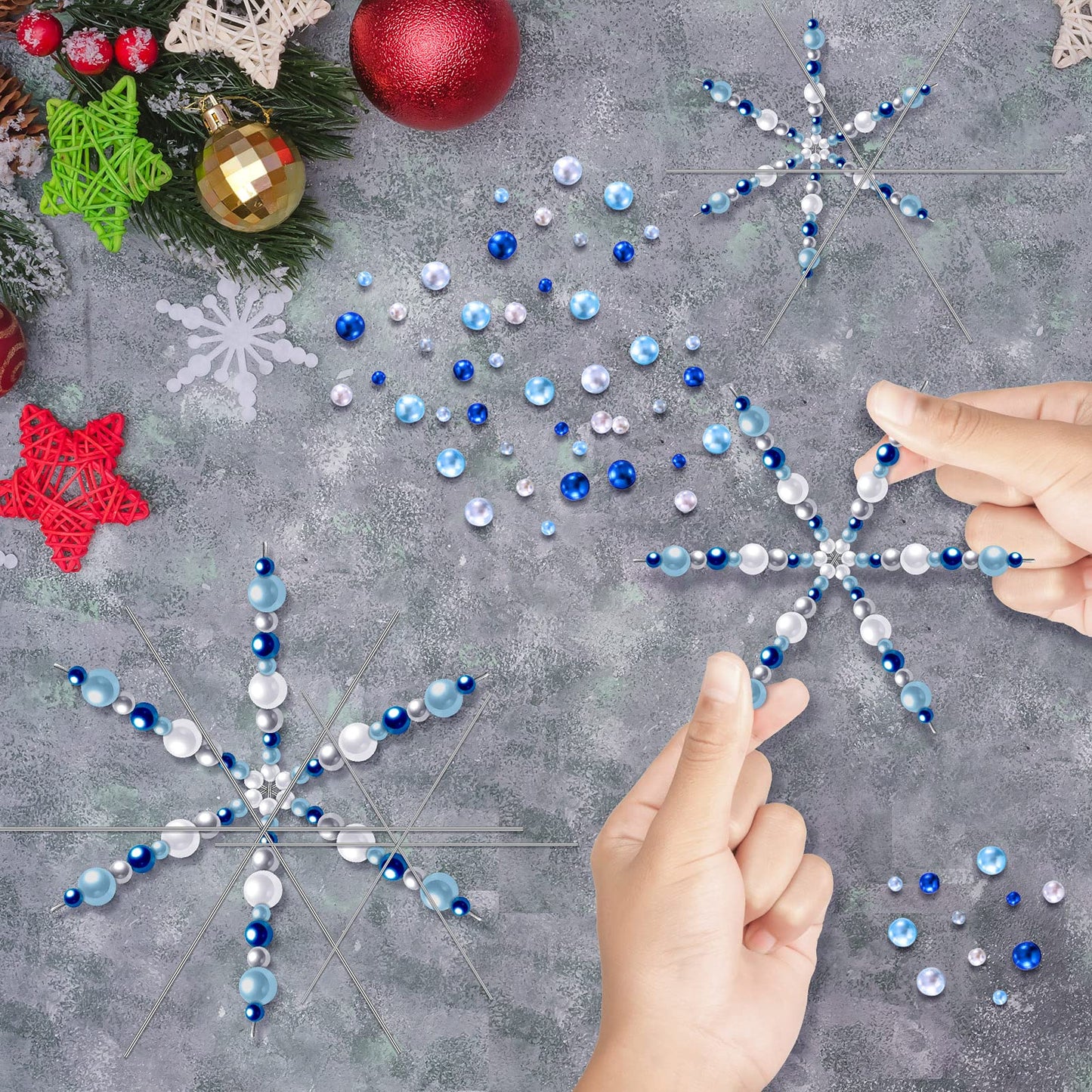 Hotop 24 Pcs Christmas Snowflakes Wire Forms Metal Snowflake Christmas Beads Wire for DIY Jewelry Ribbon Charms with 3 Sizes Mixed Pearl Beads Xmas Ornament Kits(Blue, Silver, White)