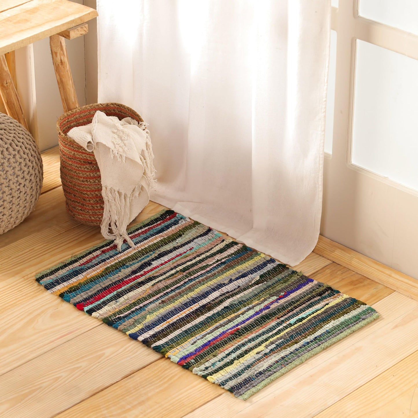 HOMEMONDE Boho Chindi Rag Rug 20"x32" Multi Green Recycled Soft Cotton Fabric Hand Crafted Reversible Boho Rugs for Entyrway, Doormat, Kitchen, Bedroom, Living Room