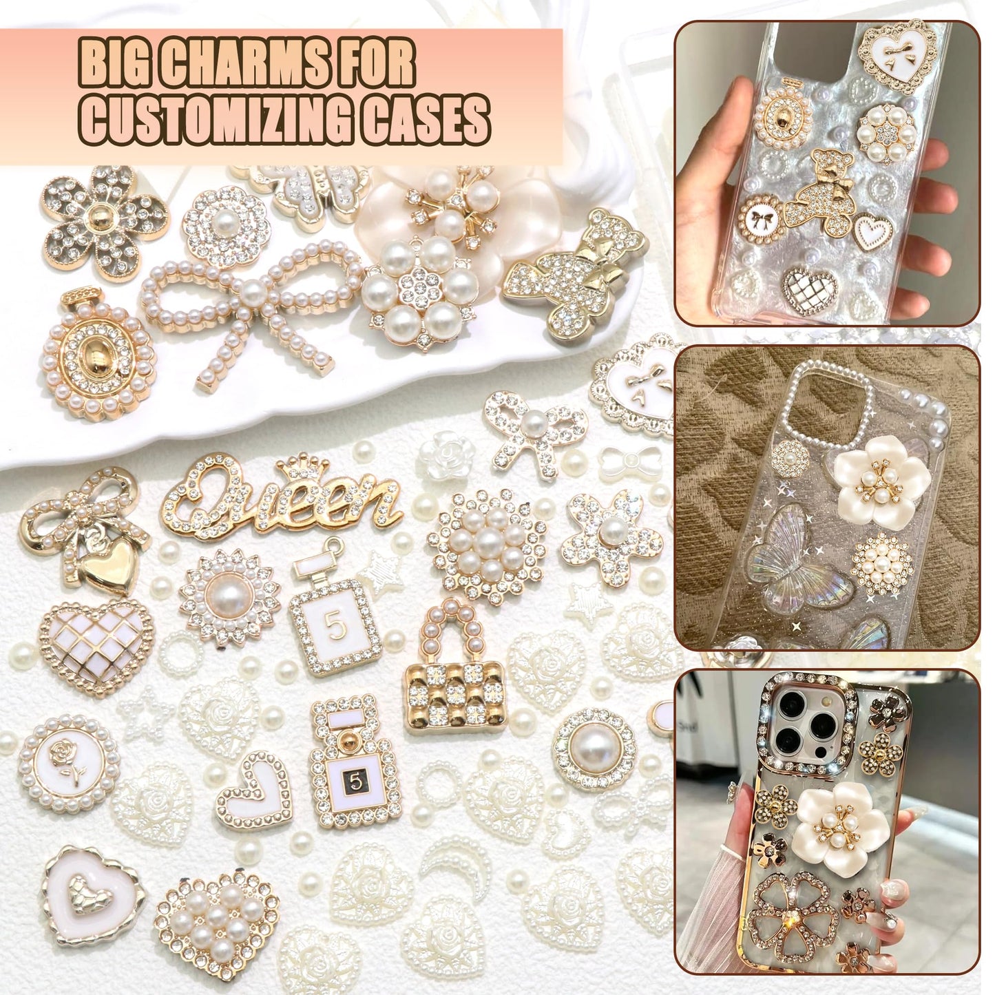BELICEY Junk Case Charms Elegant Flower Butterfly Charm for Phone Case 3D Bow Heart Bear Junk Phone Case Kit Flatback Pearls Rhinestone for Customizing DIY Craft Accessories