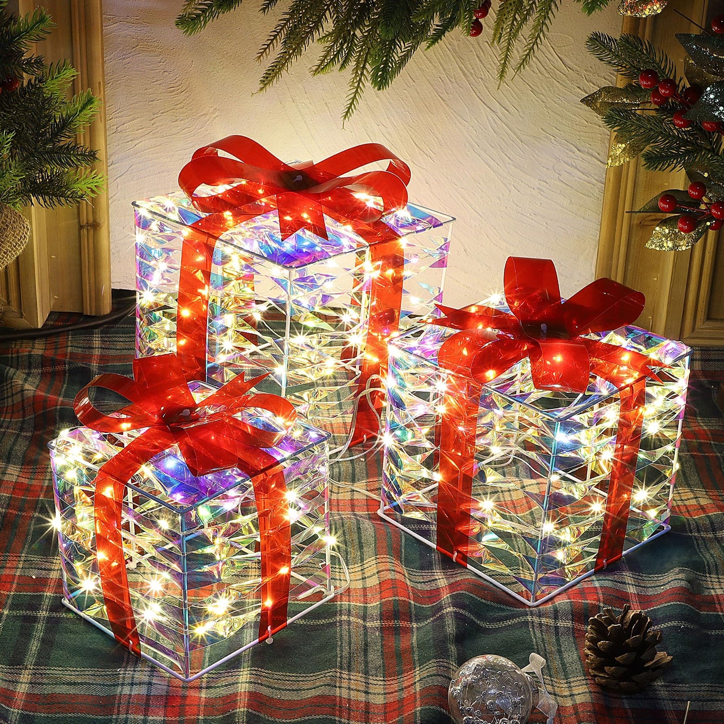 Lulu Home Set of 3 Christmas Lighted Gift Boxes, Pre-lit 140 LEDs Light Up Boxes with Red Bows, Plug-in Lighted Xmas Boxes with Timer for Christmas Trees Holiday Display Party Indoor Yard Lawn Decors
