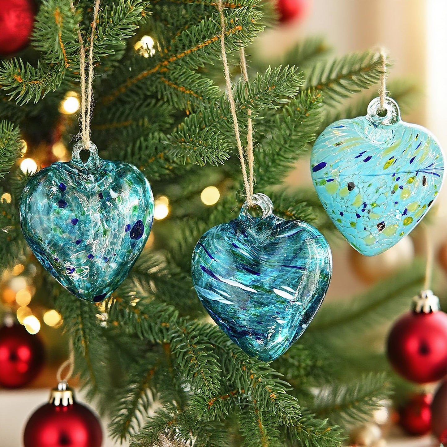 Set of 3 Handmade Glass Heart Ornaments 3.5 Inch Hanging Decoration for Home Garden Wedding Party Decor