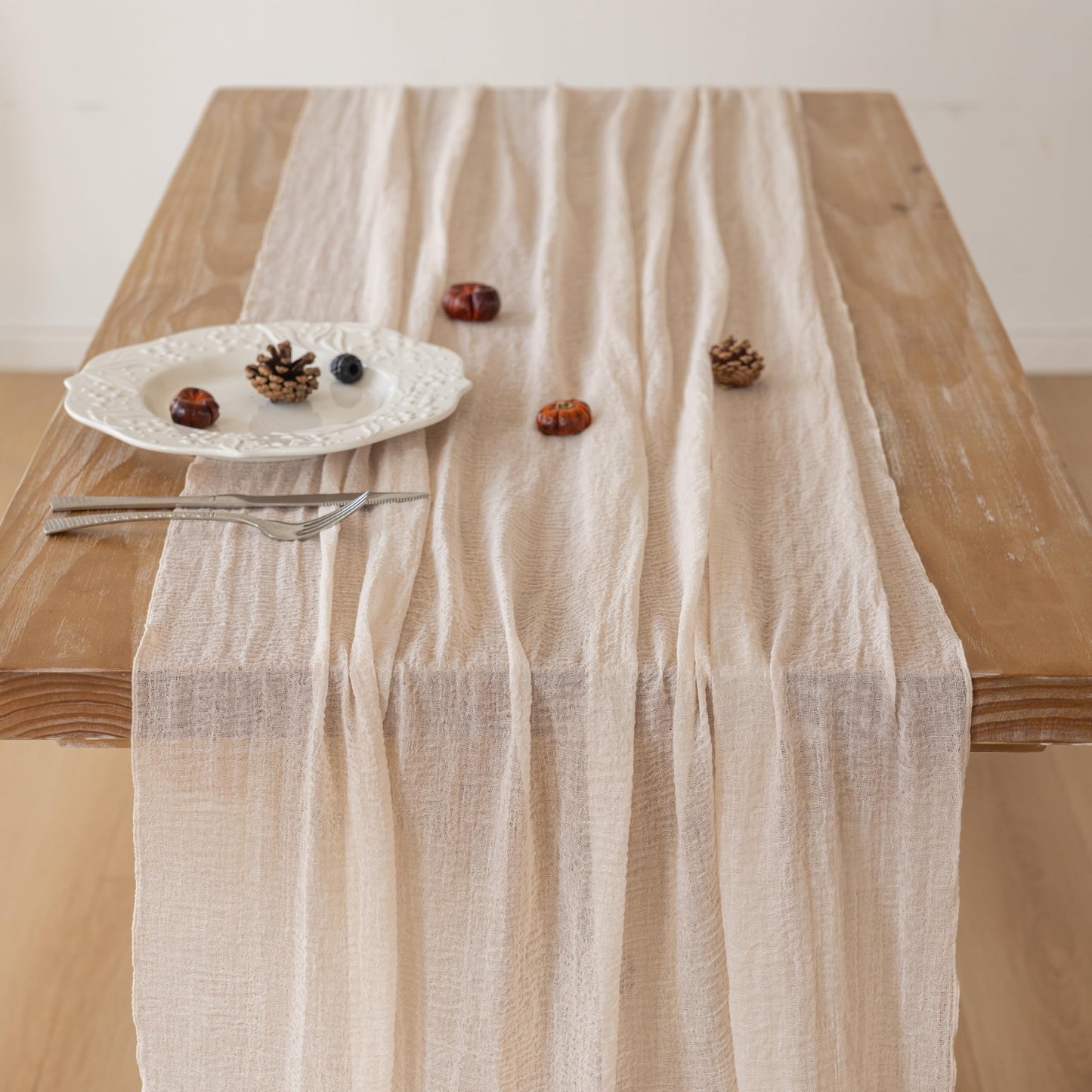 Keketoarrange Beige Spring Cheesecloth Table Runner Gauze Rustic 120 Inch 10 FT for Wedding Baby Shower Bridal Shower Birthday Engagement Garden Party Long Sheer Boho Home Decorations