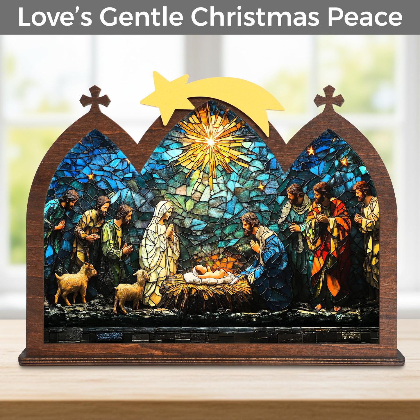 DINIZON Wooden Nativity Set, Wood Christmas Nativity Scene Set, Miniature Holy Family Figurines, Table Top Boho Christmas Jesus Decorations for Indoor Mantel Display, Miracle In A Manger Gift (Candle Holder)
