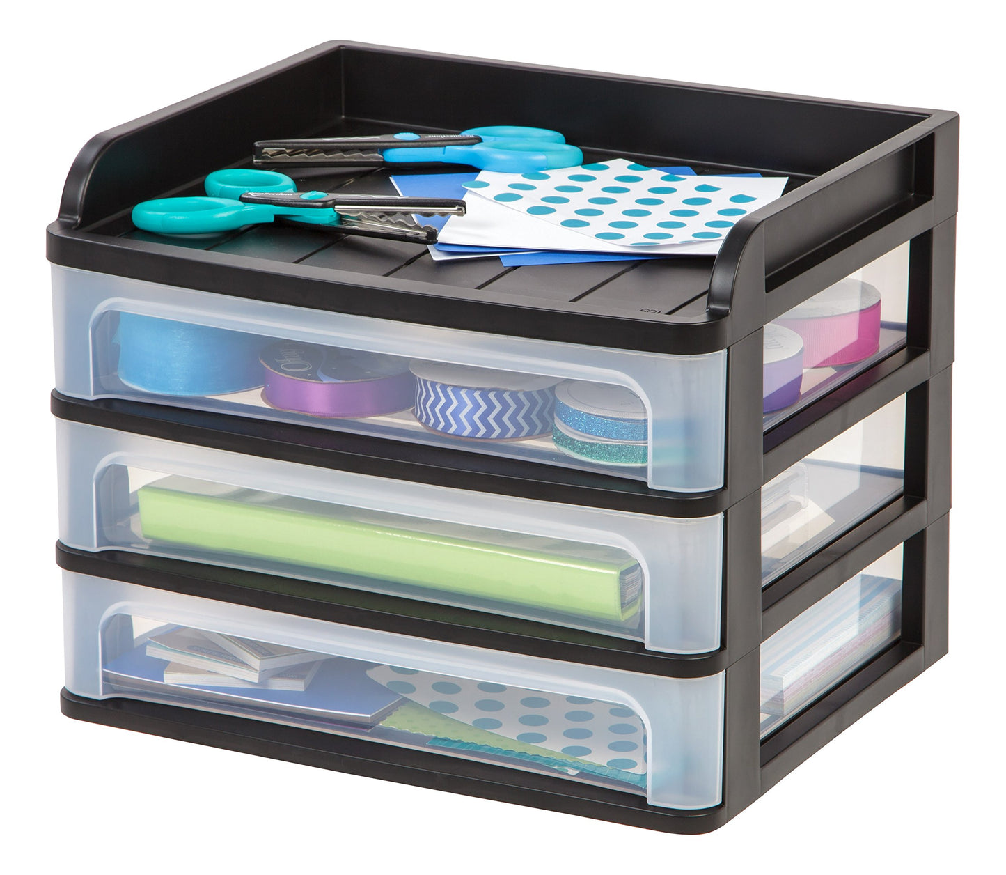 IRIS USA Plastic Desk Top 3-Drawer Storage Organizer with Paper Tray Top, 1-Pack, for Makeup Vanity Nail Polish Bathroom Stationery Art Craft Supplies Kitchen Office Garage Organization, Medium, Black