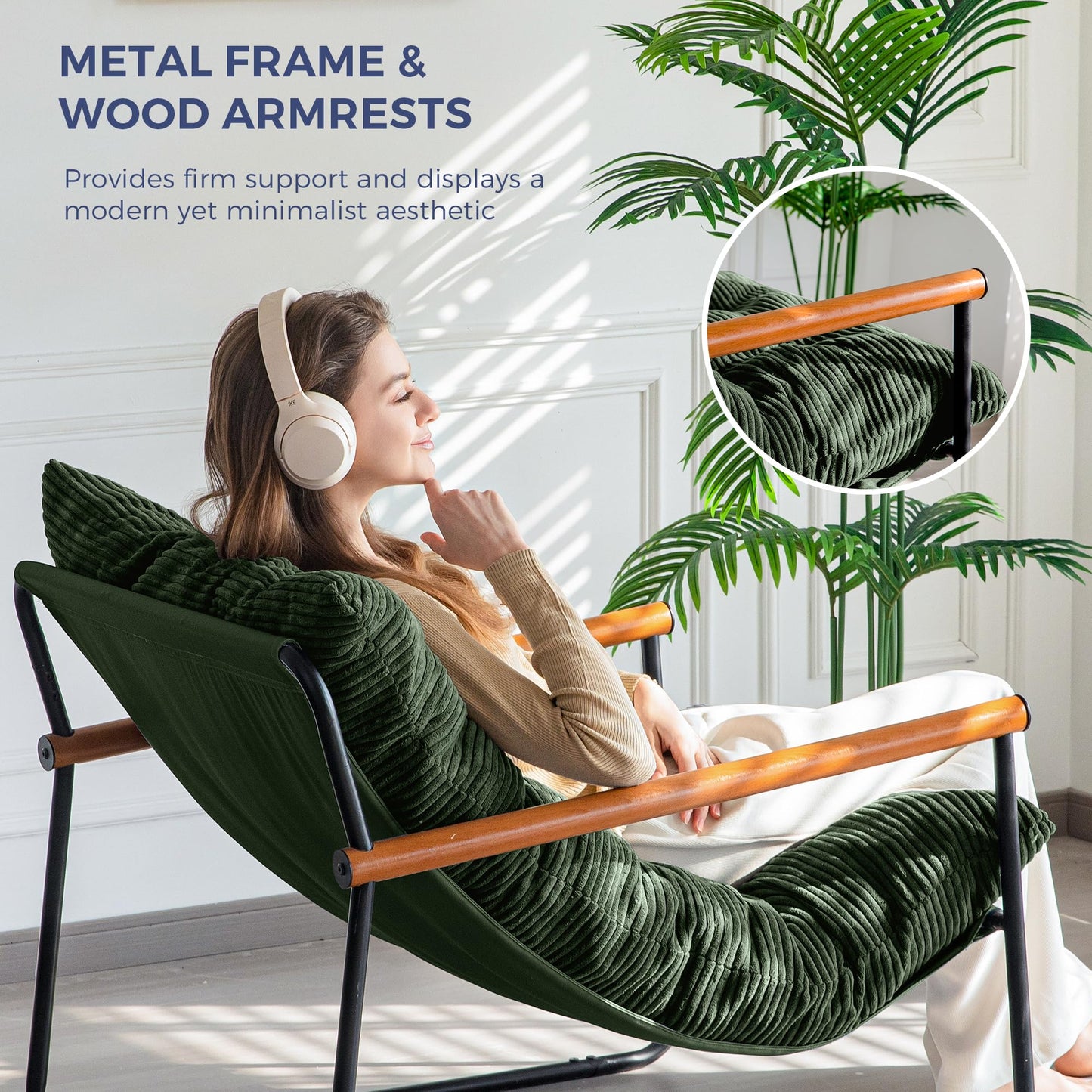 MAXYOYO Modern Accent Chair, Comfy Living Room Chair with Metal Frame Wooden Armrest, Upholstered Armchair with Soft Cushion for Bedroom Balcony Lounge Reading Room, Dark Green