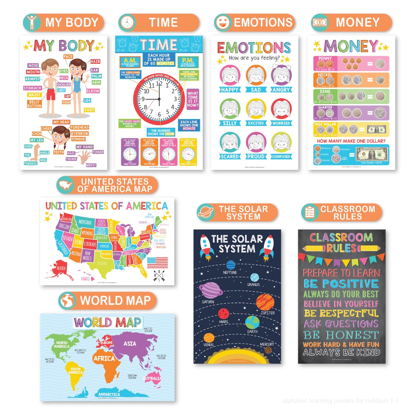 Hadley Designs 16 Educational Posters for Toddler Learning Activities - Alphabet Daycare Essentials, Laminated Pre-K Posters for Toddlers 1-3, Preschool Learning Activities, Rainbow Classroom Decor