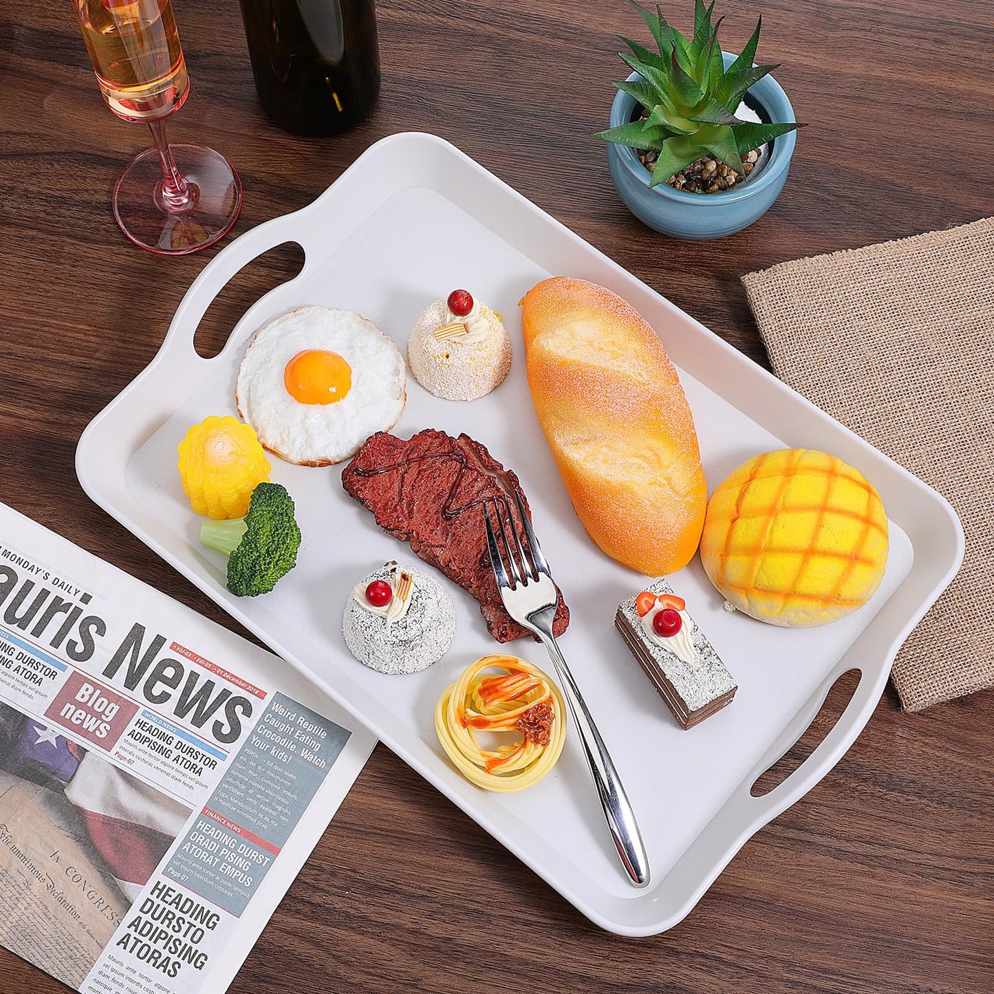 Set of 2 Large White Melamine Serving Tray with Handles, Rectangular Outdoor Dinner Tray Plastic Fruit Serving Platters Trays for Eating, Appetizer, Charcuterie, Snack, Fruit, Desserts, Food Parties