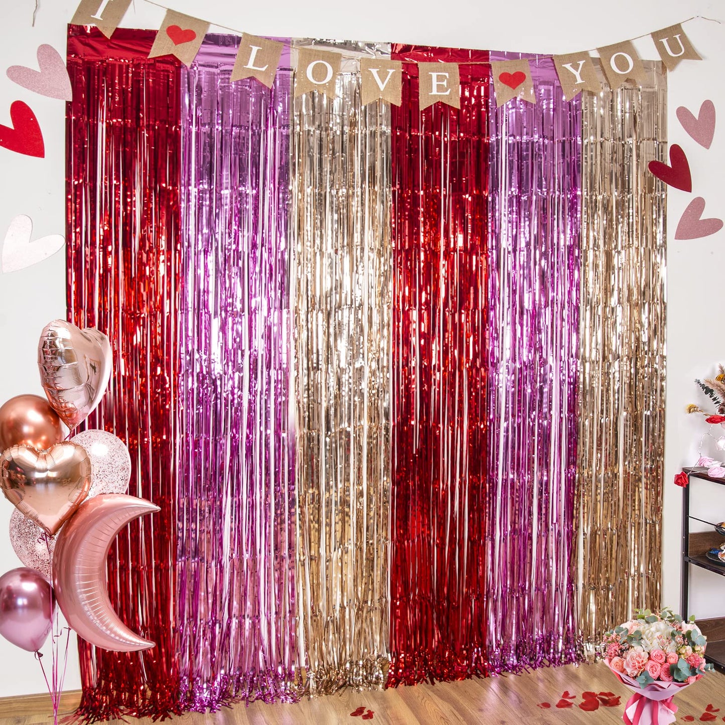 LOLStar 3 Pack Valentines Day Party Decorations 3.3X6.6 ft Photo Booth Props Red Pink Champagne Gold Valentine's Day Decors Foil Fringe Curtains Backdrop Streamers for Wedding Birthday Engagement