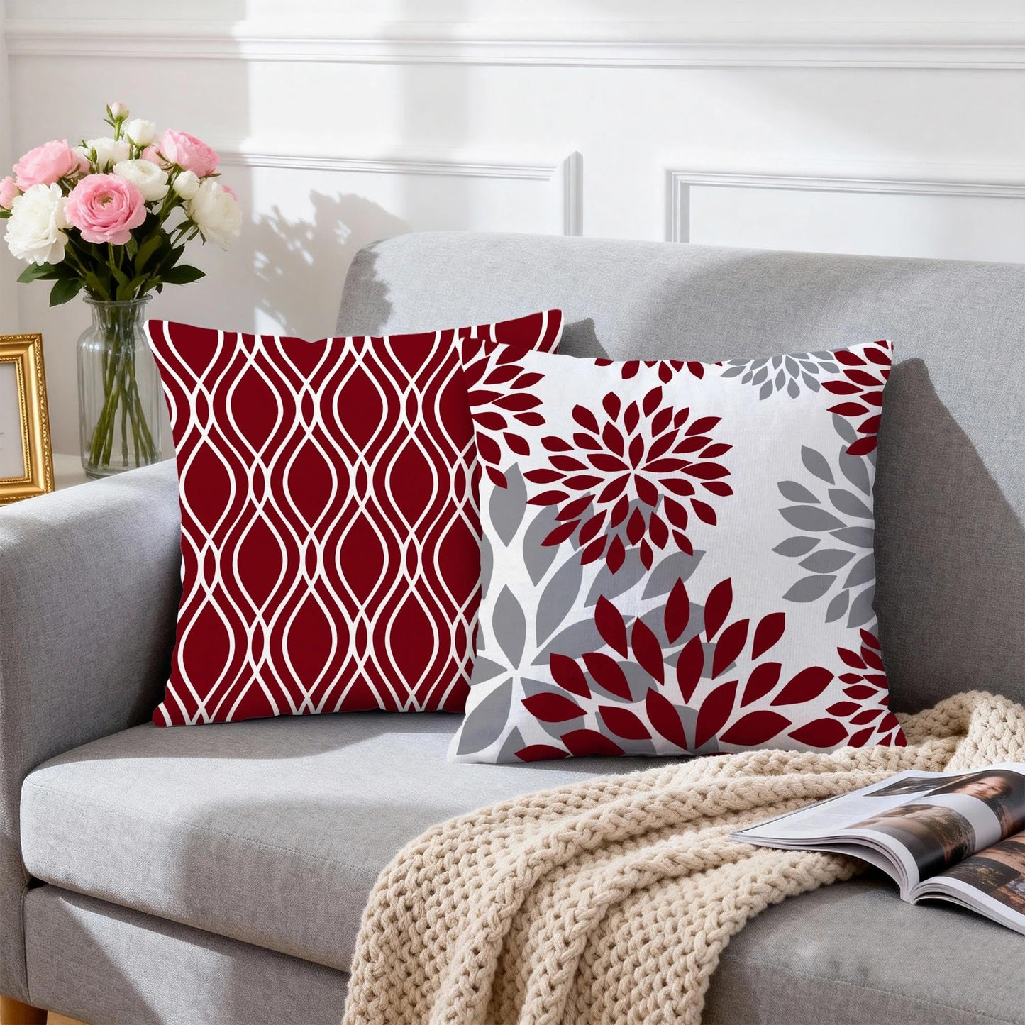 Hexagram Geometric Burgundy Pillow Covers 18x18 Set of 4, Decorative Outdoor Boho Modern Throw Pillow Covers, Home Sweet Home Farmhouse Cushion Case for Couch Sofa Bedroom Indoor Decor(No Insert)