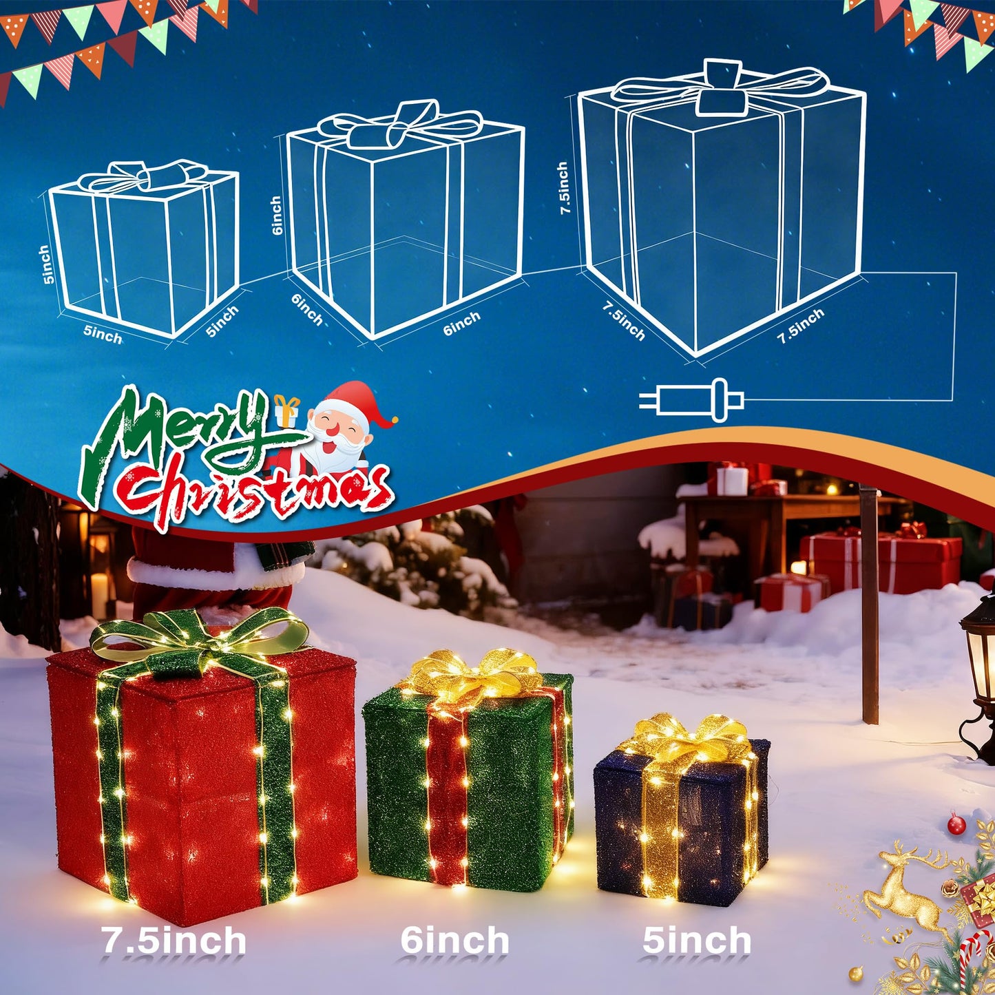 Lomotech Set of 3 Christmas Lighted Gift Boxes - Prel-Lit Gift Boxes with Timer, Lighted Christmas Presents for Xmas Tree, Yard, Holiday, Indoor Christmas Decorations（Small)
